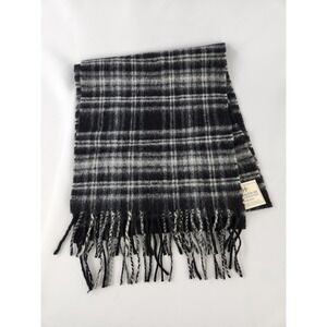 NWT John Hanly & Co Woven‎ in Ireland 100% Lambswool Scarf Black Plaid Fringe